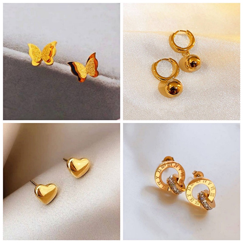 Anting Titanium Wanita Anti karat dan anti alergi, hati, kupu, Bola, semanggi, Daisy, bunga Earrings Aksesoris Korea