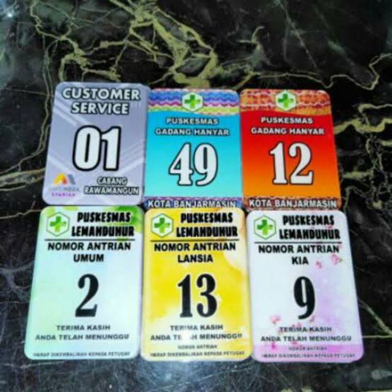

kartu antrian, kartu pengambilan barang, kartu parkir, bahan PVC(seperti ATM, Id card, KTP)