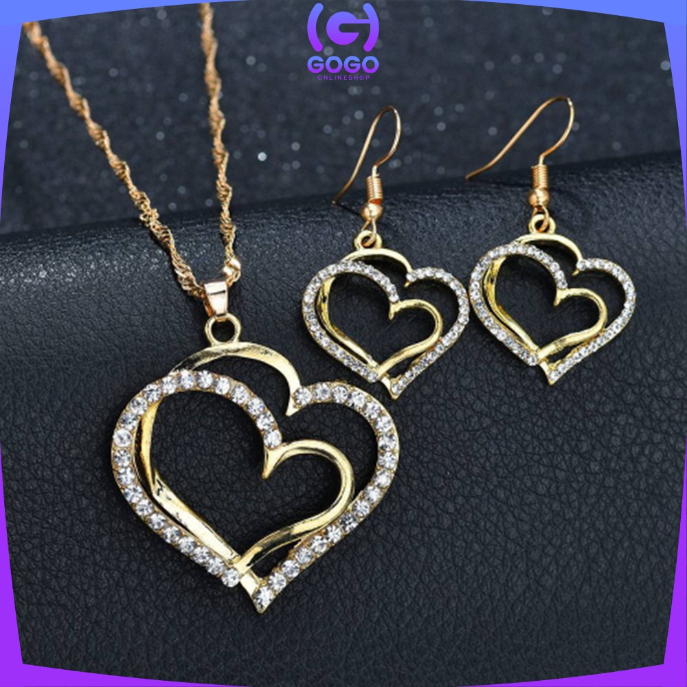 GOGO-K120 Kalung Anting Set Motif Hati Kalung Rantai Anti Karat Fashion Wanita Korea Aksesoris