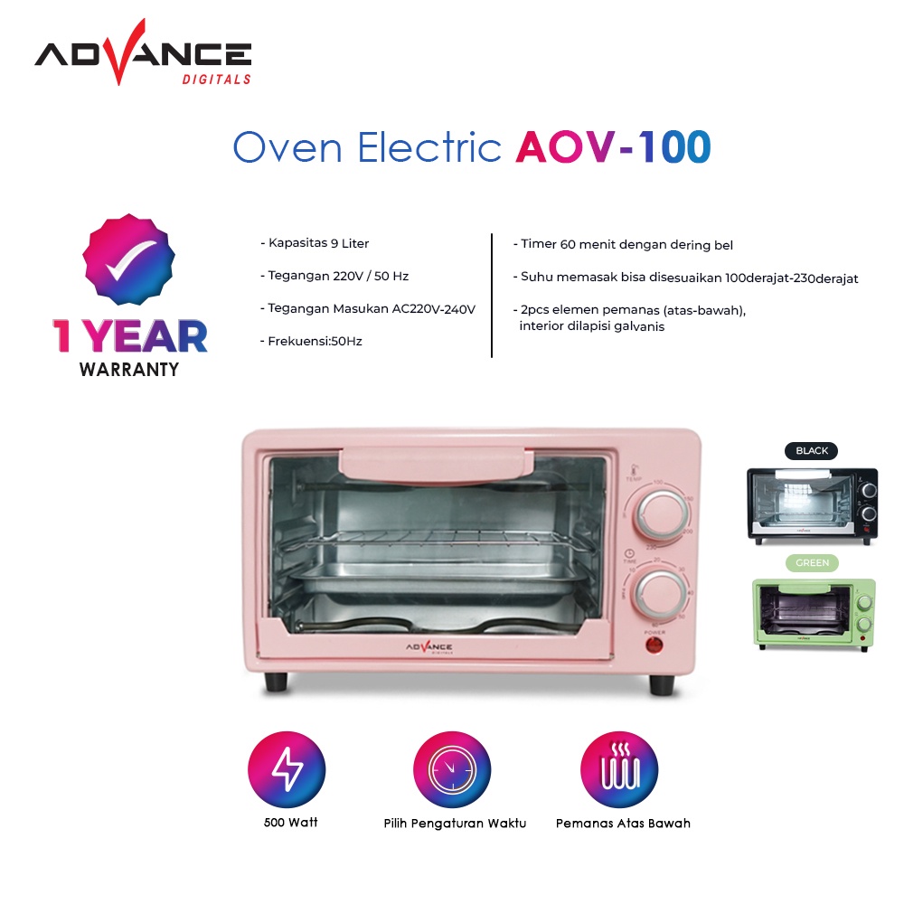 ADVANCE Oven Listrik AOV-100 9L 500 Watt Electric Oven【Garansi 1 Tahun】