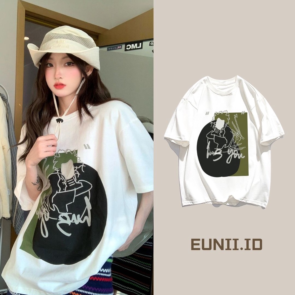 EUNII T-shirt Lengan Pendek Cartoon Graffiti Figure Korean Style/Kaos Atasan Wanita/Baju Kaus Oversize Wanita