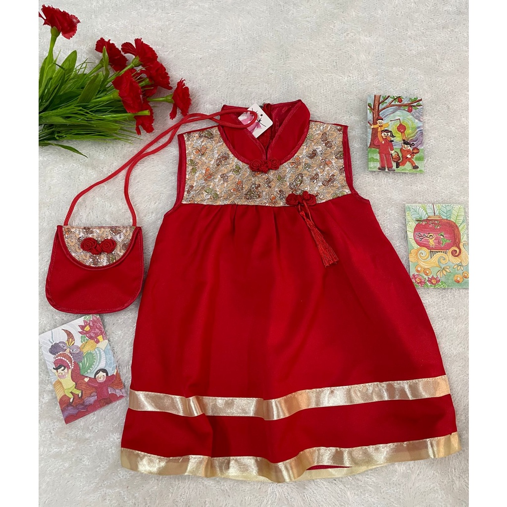 Baju Anak Dress Imlek Perempuan Dress Cheongsam Anak 1-3 Tahun / Dress Anak Imlek-Dress Red Cheongsa