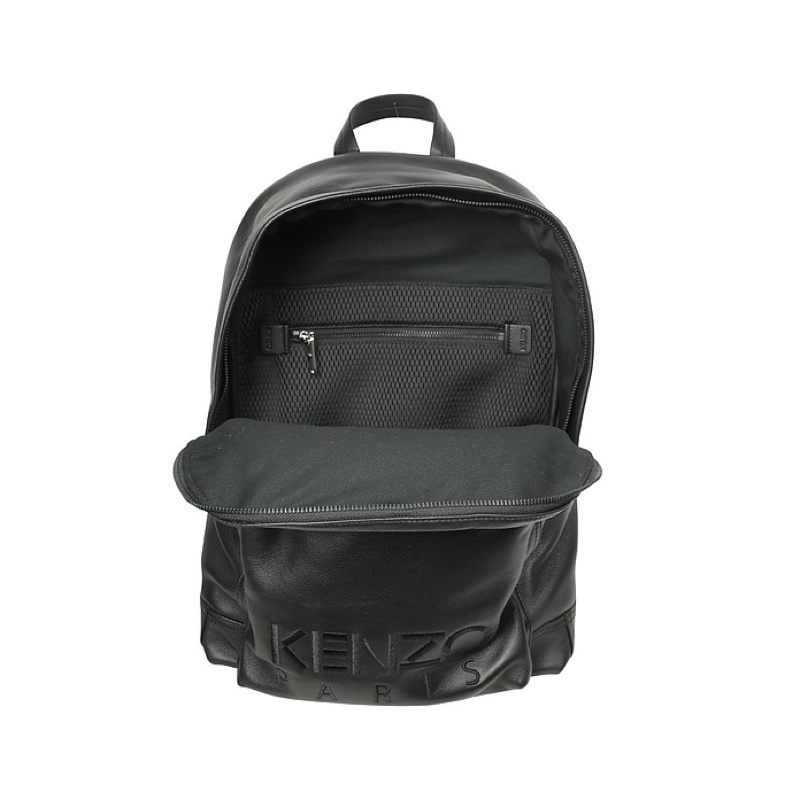 KENZ0 BLACK LEATHER TIGER EMBOSSED LOGO BACKPACK