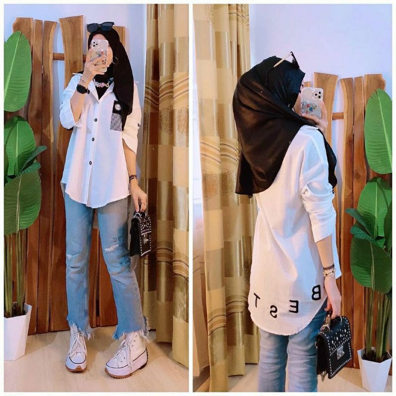 Kemeja Bestie, KEMEJA WANITA CANTIK MODIS FIT XXL LD 110 BAHAN LINEN IMPORT MIX BORDIR TERMURAH OOTD