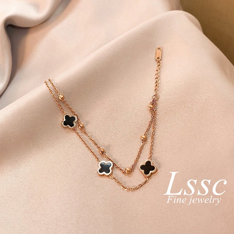 Gelang Titanium 2 Layer Wanita Anti Karat Bunga Semanggi Keberuntungan Emas 18K Fashion Korea Aksesoris