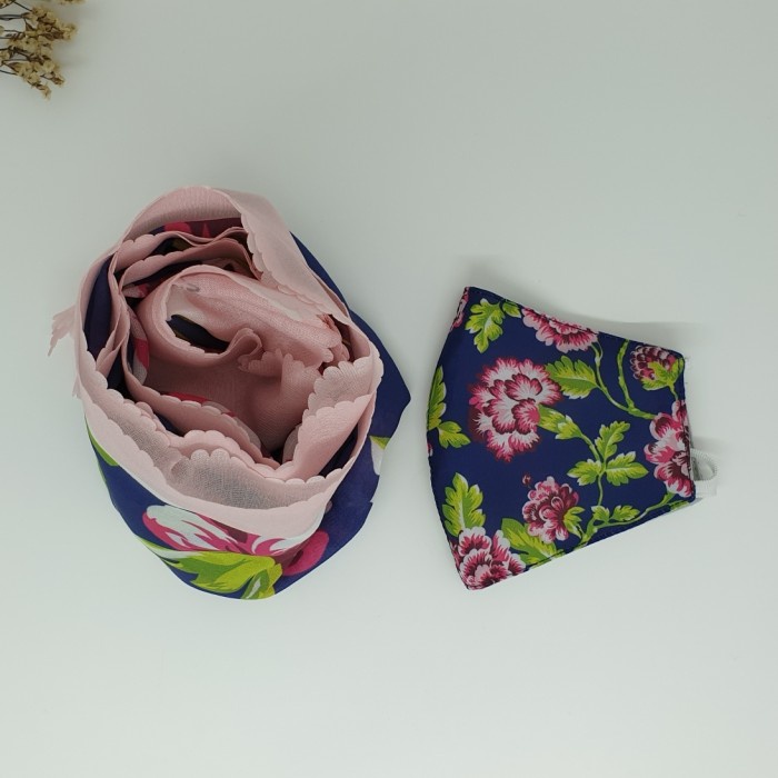 

(COD) Paket Hijab dan Masker Kain Seruni Living bunga Crysan - Biru