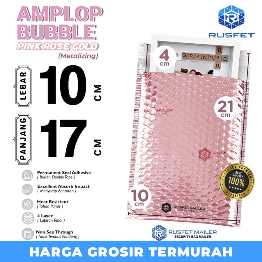 AMPLOP BUBBLE MAILER 10x17cm PINK ROSEGOLD BUBBLE WRAP ENVELOPE RUSFET