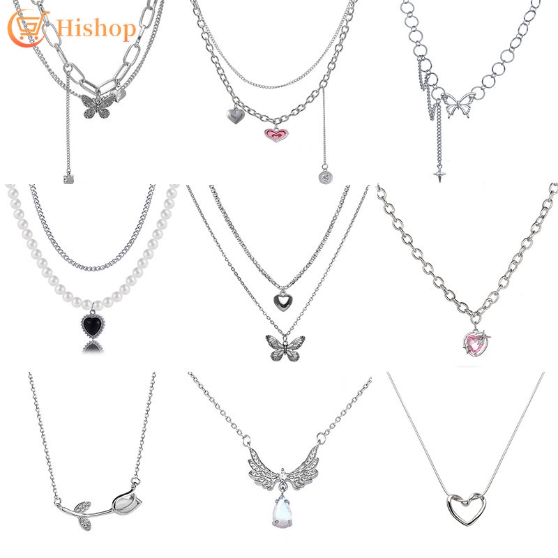 Fashion Silver Necklace for Women Pink Tulip Heart Pendant Necklaces Crystal Gemstone Chain Choker Jewelry Accessories