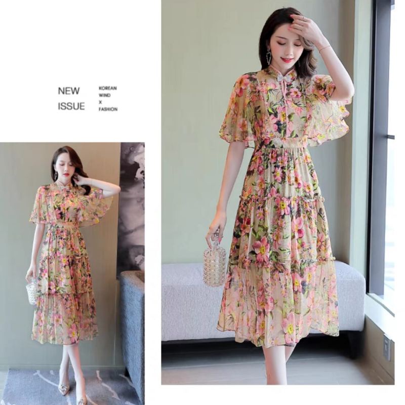 MDLV ~ 12346# CNY Valencia Tiered Midi Dress Flower Premium Import