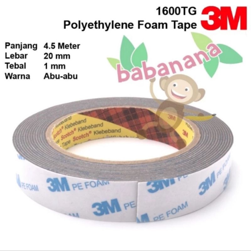 

Double Sided Tape Foam 3M 1600TG Abu-abu 4.5M x 20mm x 1.0mm dobel tip