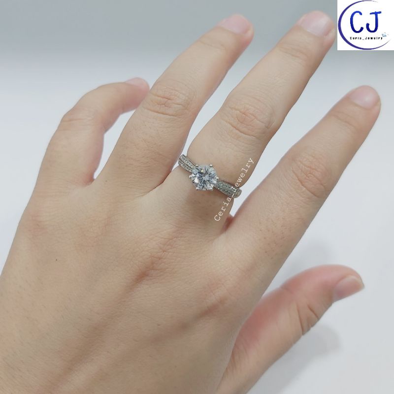 Cincin Perak Asli Silver 925 Lapis Emas Putih Model Desi Soliter Permata Full - Perhiasan Perak Asli Cincin Perak Anti Karat