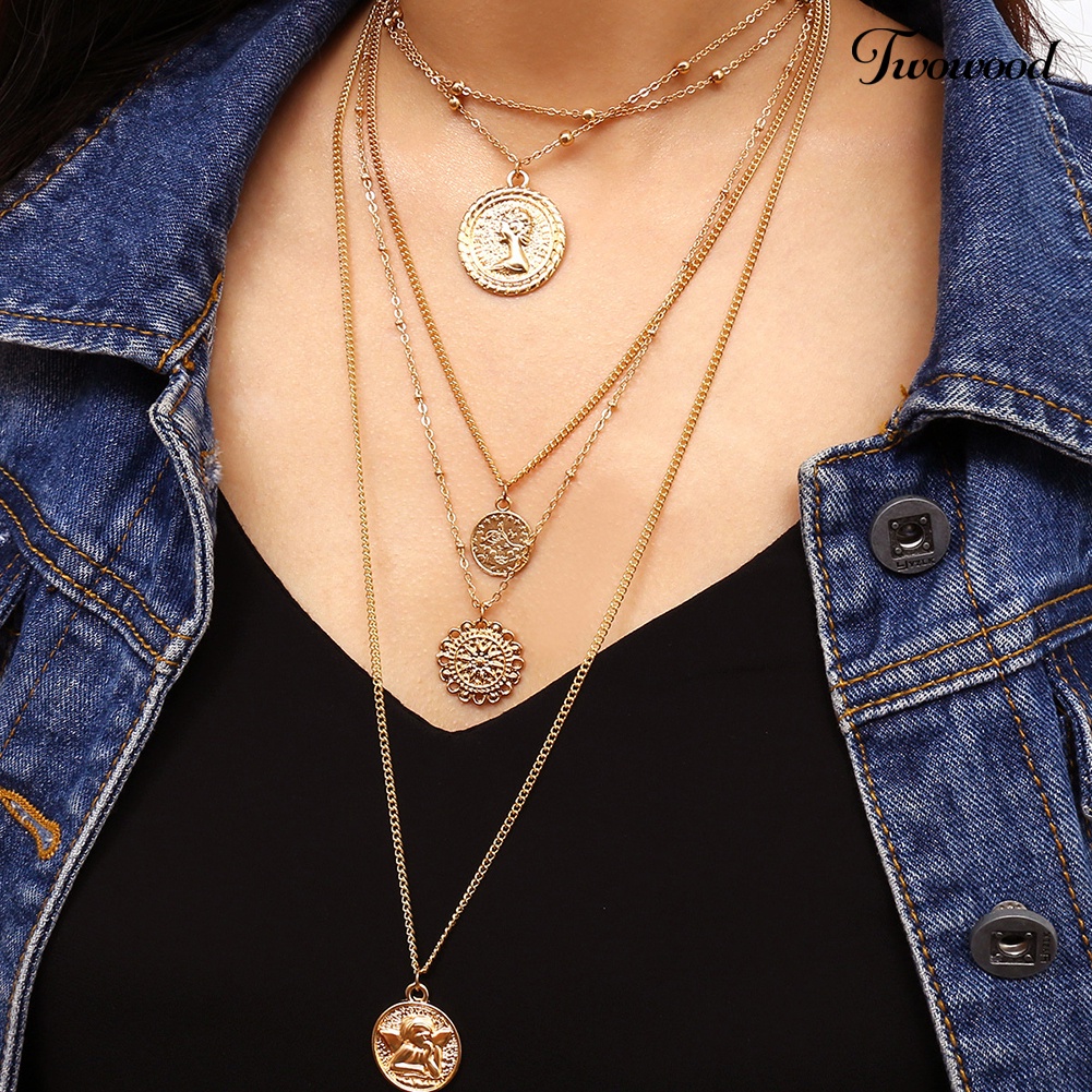 Kalung Rantai Multilayer Bahan Alloy Gaya Vintage Untuk Wanita