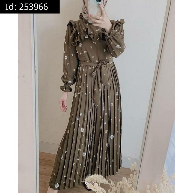Gamis Wanita Destin Plisket Motif Floral Jumbo Mayung Army