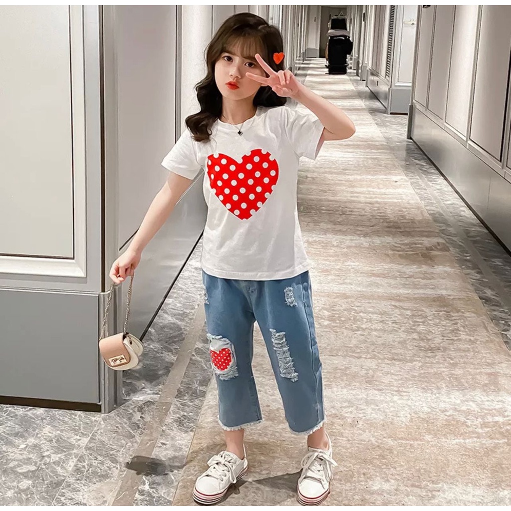 SETELAN ANAK BAJU KAOS LENGAN PENDEK CELANA PANJANG BAHAN DENIM UMUR 1-5 TAHUN MOTIF LOVE SETELAN ANAK PEREMPUAN TERBARU FASHION ANAK MASA KINI OUTFIT ANAK PEREMPUAN TERLARIS