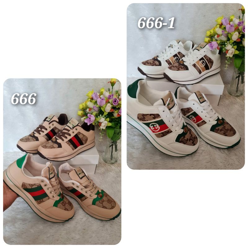 SEPATU WANITA WEDGES IMPORT FASHION GG KULIT-KANVAS KODE : 666 Brown KoDE: 666-1 White