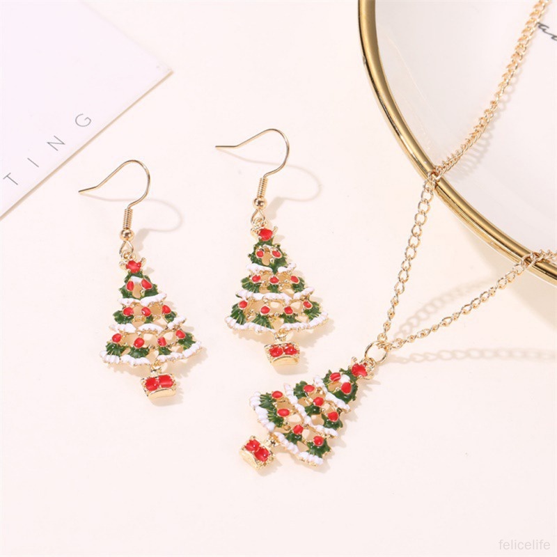 Set Kalung Anting Desain Kartun Pohon Natal Warna-Warni