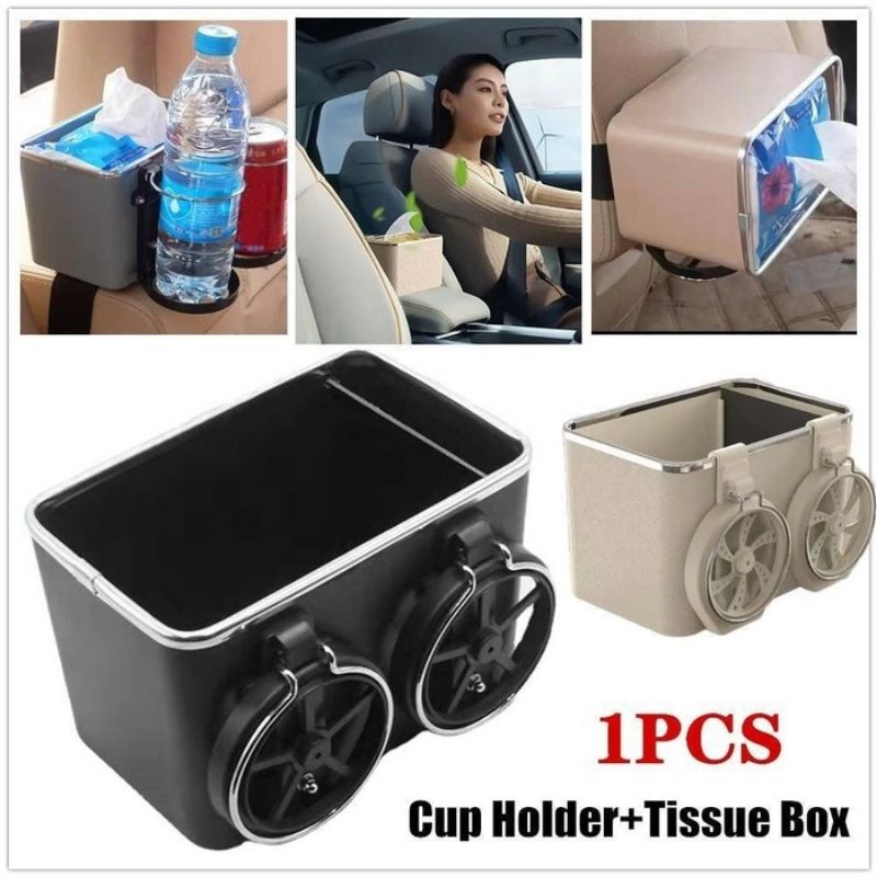 Kotak Tisu Mobil Tempat Tisu Mobil + 2 Cup Holder Multifungsi Serbaguna Kotak Penyimpanan Botol Minum