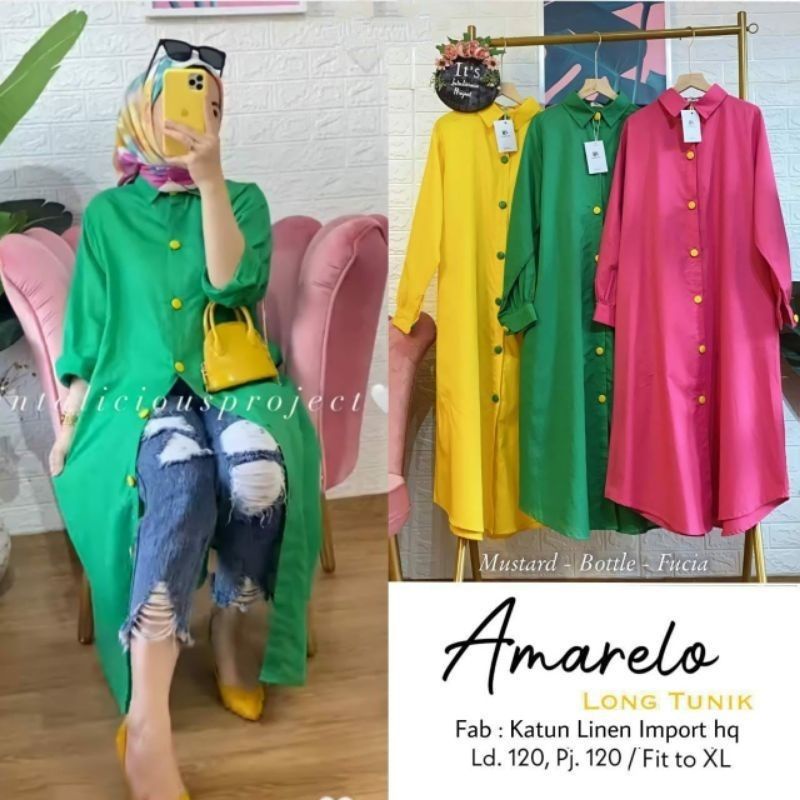 AMARELO | Long Tunik Jumbo Terbaru Bahan Linen Premium Fit XXL