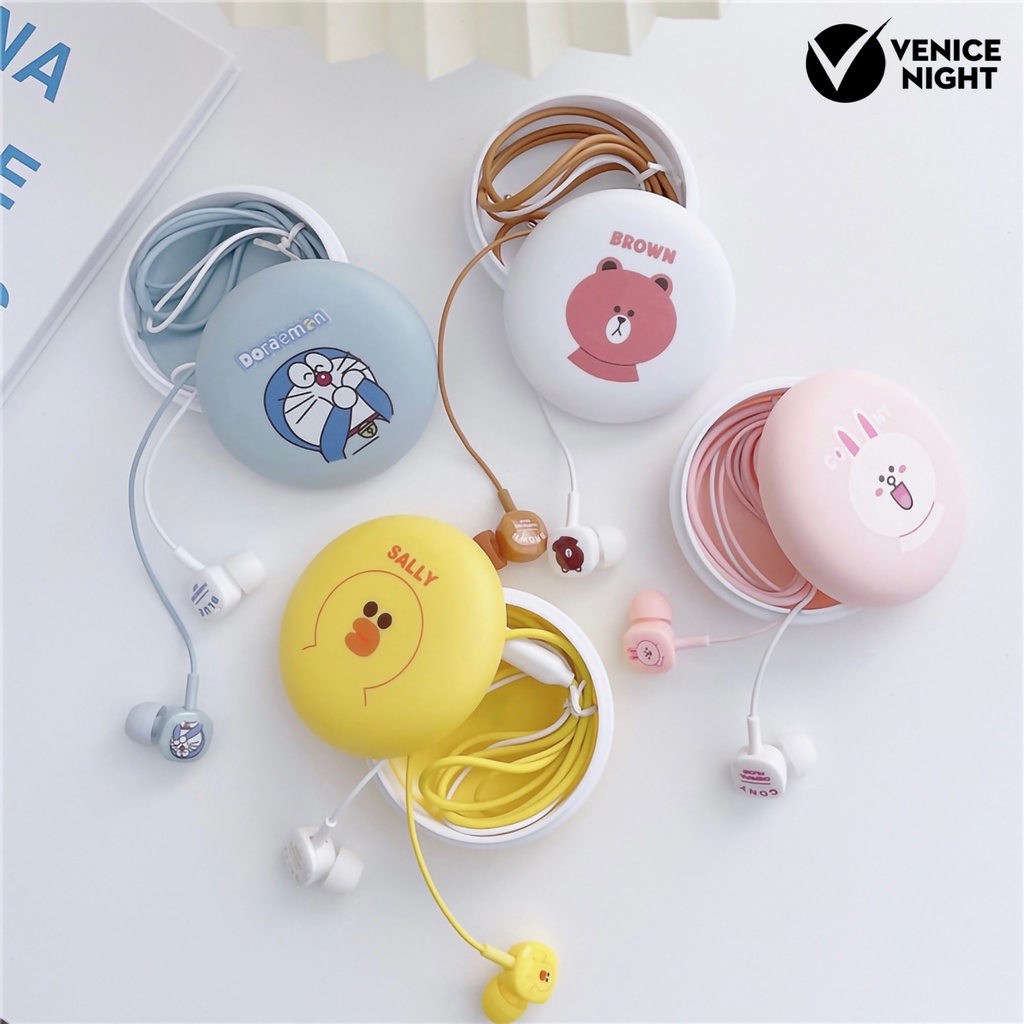 (VNEP) (Berkabel) Earphone Pengurangan Kebisingan Kartun dengan Kotak 3.5mm Musik Lucu In-ear Earbud untuk Ponsel