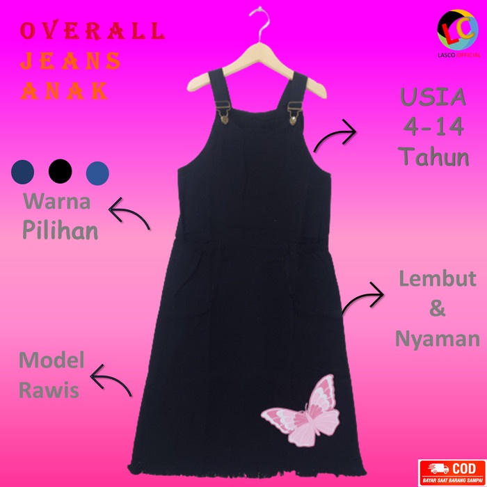 BestSeller✨ - Overall Jeans Anak Perempuan Overal Rok Skirt Dress Denim Butterfly - Hitam, no.1 (4-5