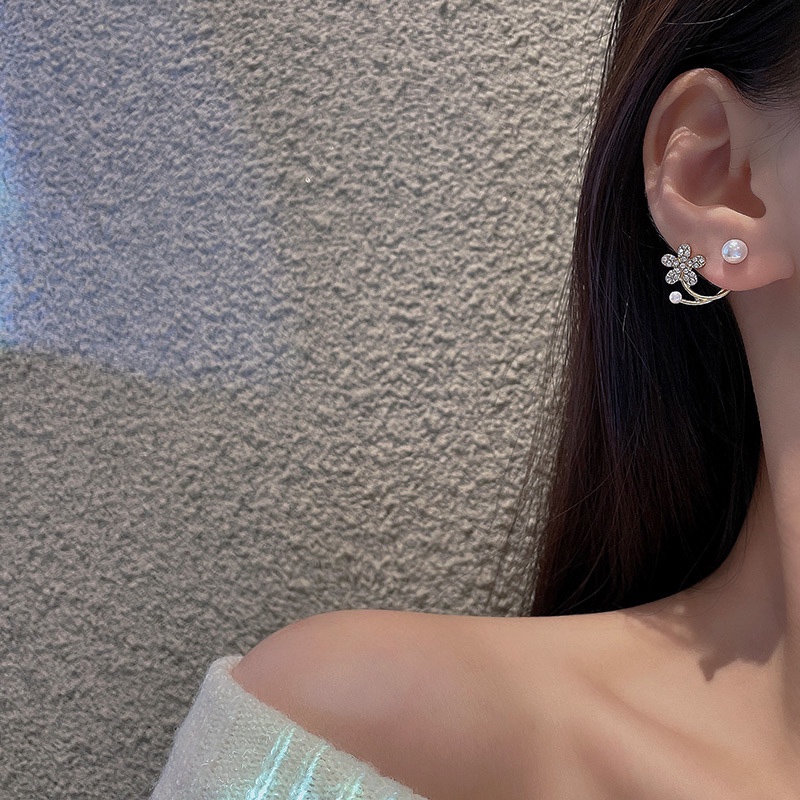 Anting Tusuk Gantung Sterling silver 925 Desain Bunga Hias Mutiara + Berlian Gaya Mewah Untuk Wanita