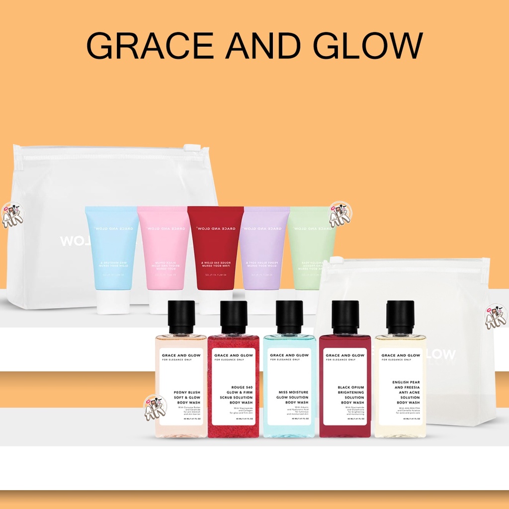 GRACE AND GLOW / GRACE N GLOW TRAVEL SIZE KIT BODY WASH / BODY SERUM 40ML/PCS ( ISI 5 PCS FREE POUCH )