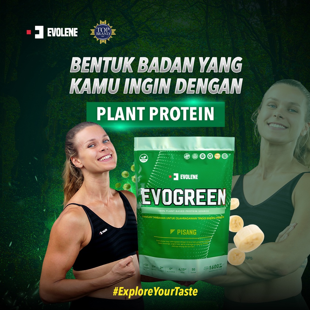 EVOLENE EVOGREEN 1 Sachet 1 Serving Vegan Protein Plant Based Supplement Suplemen Fitness BPOM HALAL EVO GREEN EVOGREN EVOLINE EVOLEN EVOLINE EVOLEN PISANG COKLAT SURABAYA