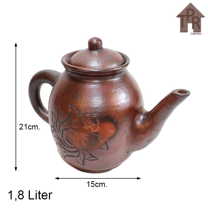 Gerabah - Poci Tanah Liat Ukir Kembung Antik / Tea Pot - 1.8L