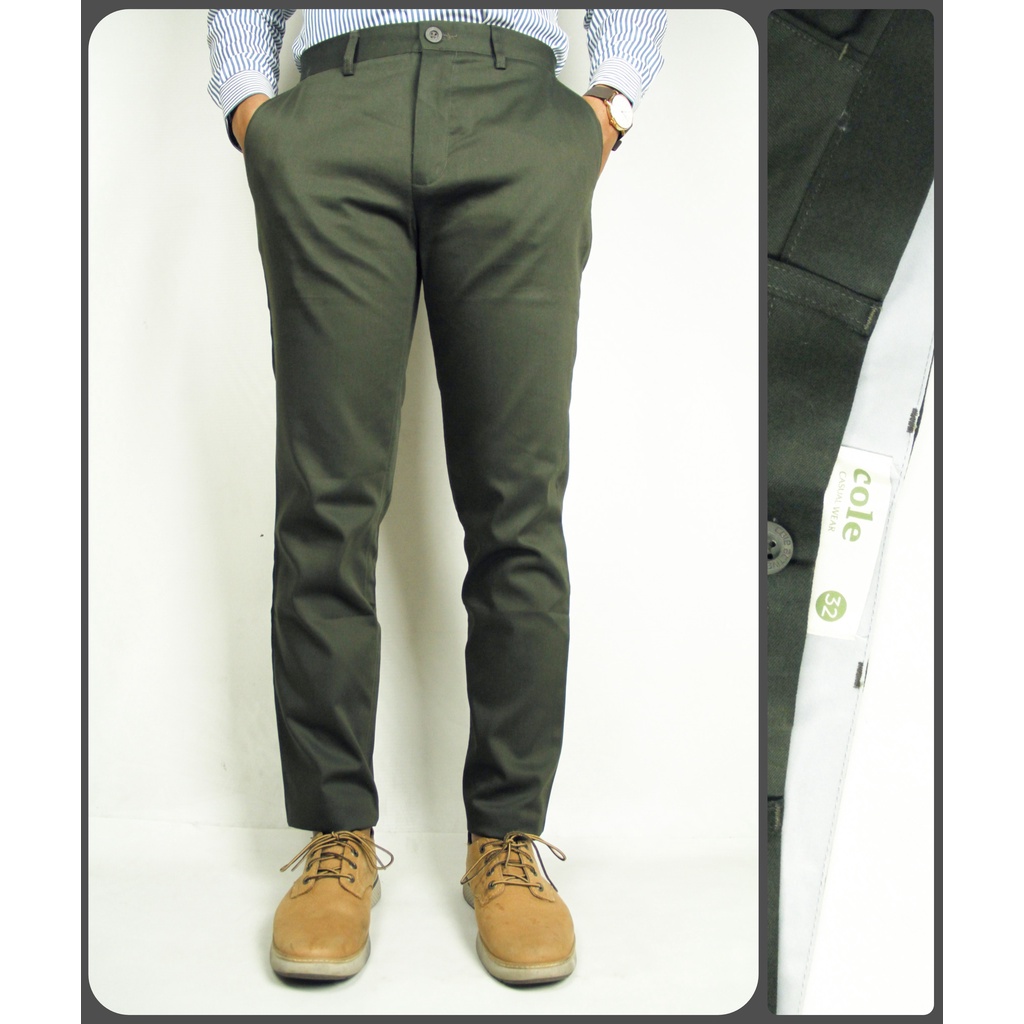 Celana Chino Panjang Pria COLE Olive Slimfit Bahan Stretch - Olive (I)  | Bahan Melar | 100% Original Brand