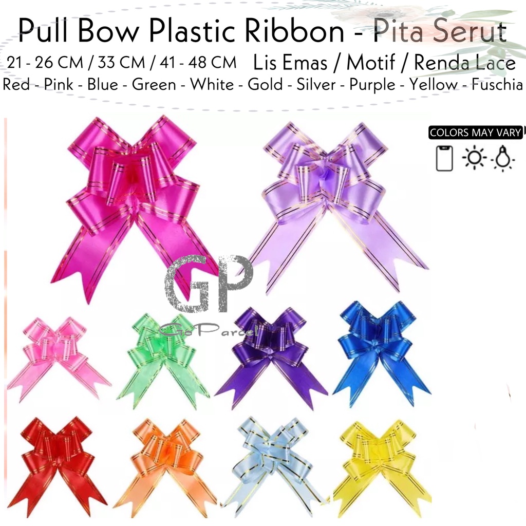 ( Pak 10 Pc ) PITA TARIK JEPANG LIST EMAS - PITA LIS 26CM 33CM 41CM 48CM / PITA JADI / PITA KADO GOLD LIST PLASTIK / HIASAN PARCEL HAMPER - PULL BOW PLASTIC RIBBON