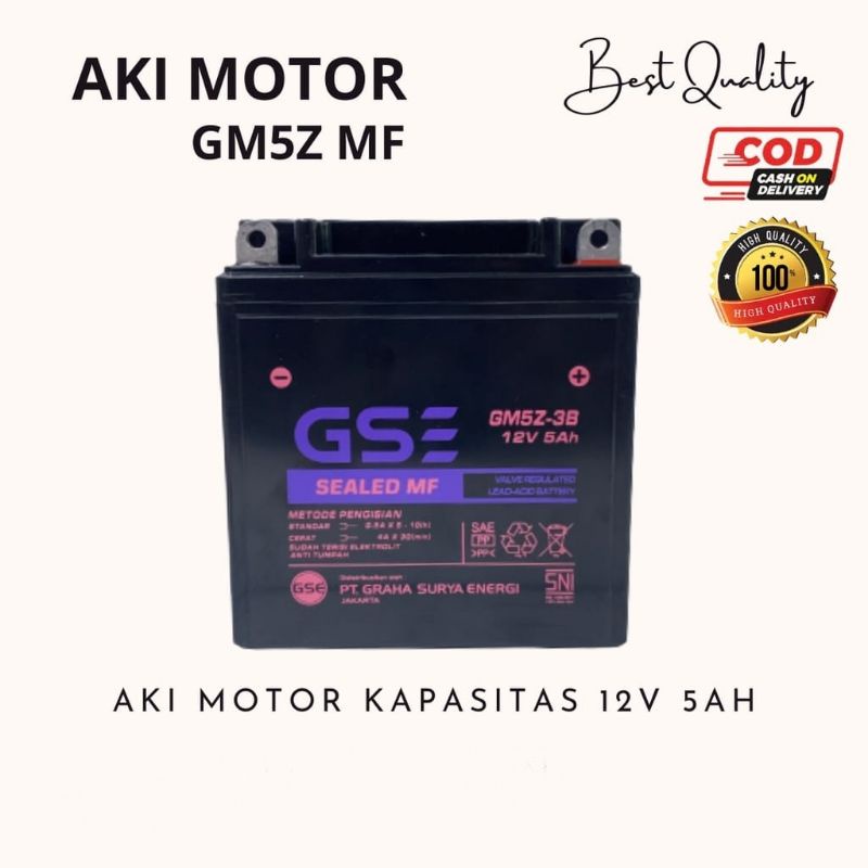 Aki Motor|Accu Motor GSE GM5Z-3B MF Aki Kering Supra (lama), Mega Pro (lama), Prima, Jupiter, Mio (lama), Vega,  Smash, Shogun