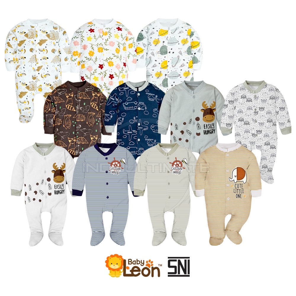 BABY LEON Baju Sleepsuit Bayi Kaki Tutup (0-12 Bulan) Lengan Panjang Baju tidur Jumsuit Jumper pergi anak Bayi balita Newborn BC-072 Sleepsuit Bayi Piyama bedong kaki buka Bayi Laki laki Perempuan Laki-laki
