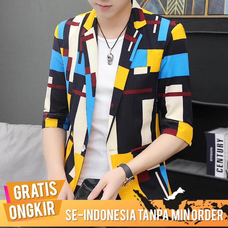 Jas Pria Blazer Pria  Korea Slim-Fit  Lengan Setengah Santai Kotak-kotak Kecil  3/4 Lengan  tren