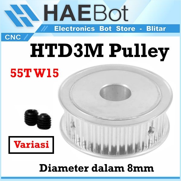 [HAEBOT] HTD3M Pulley Pully Timing CNC AF 55T W15 Bore 6.35 8 10 12 mm 3D Printer Lebar 15mm Puley Printer Aluminium Pitch 3mm Silver Bor