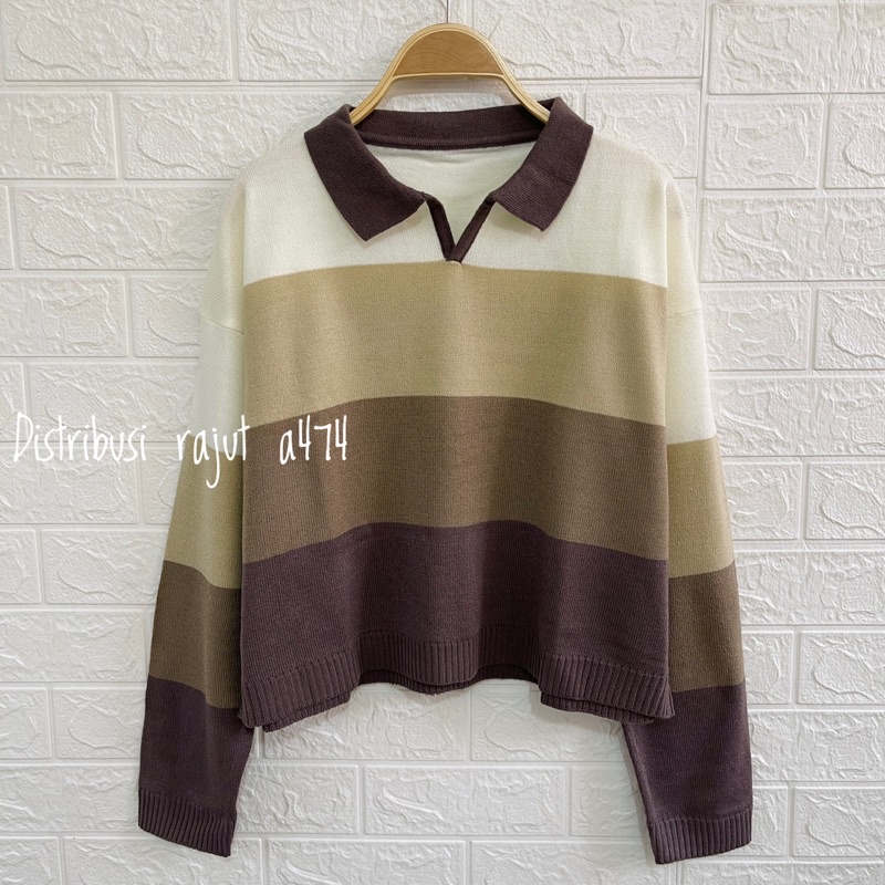 NASTY SWEATER RAJUT POLO STIPY PELANGI ATASAN LENGAN PANJANG WANITA