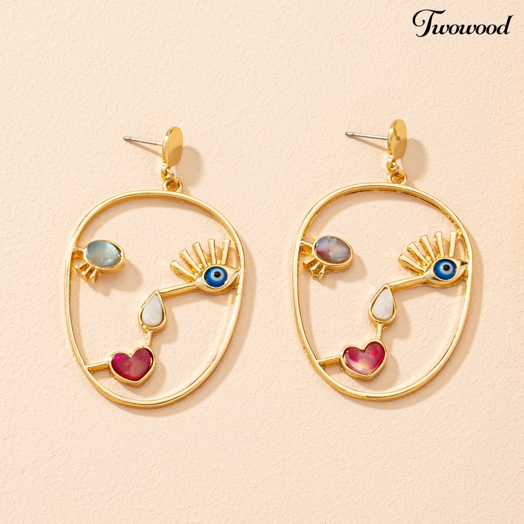 1 Pasang Anting Stud Bentuk Wajah Abstrak Hollow Out Geometris Warna-Warni Untuk Wanita