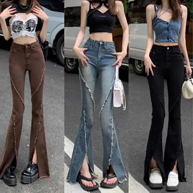 Suhao micro-flare versi Korea slim high-waisted wanita stretch micro-flare jeans celana panjang wanita all-match pelangsing kaki celana panjang trendi