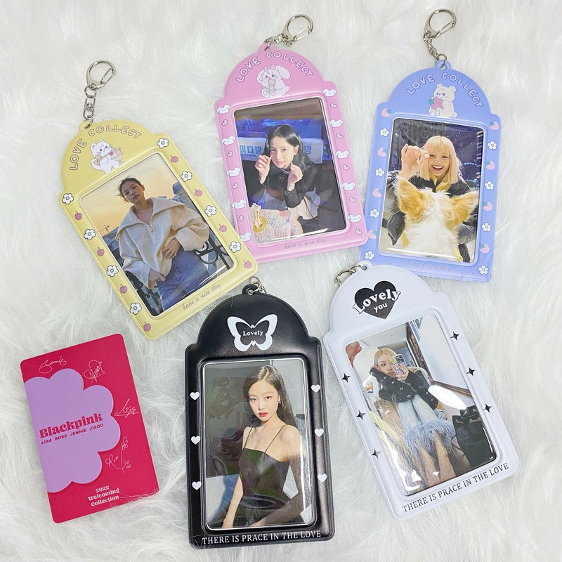 Ins Card Holder dengan Rantai Hitam &amp; Putih Photocard Protector Idol Photo Sleeves Bus ID Bank Card Bag Liontin