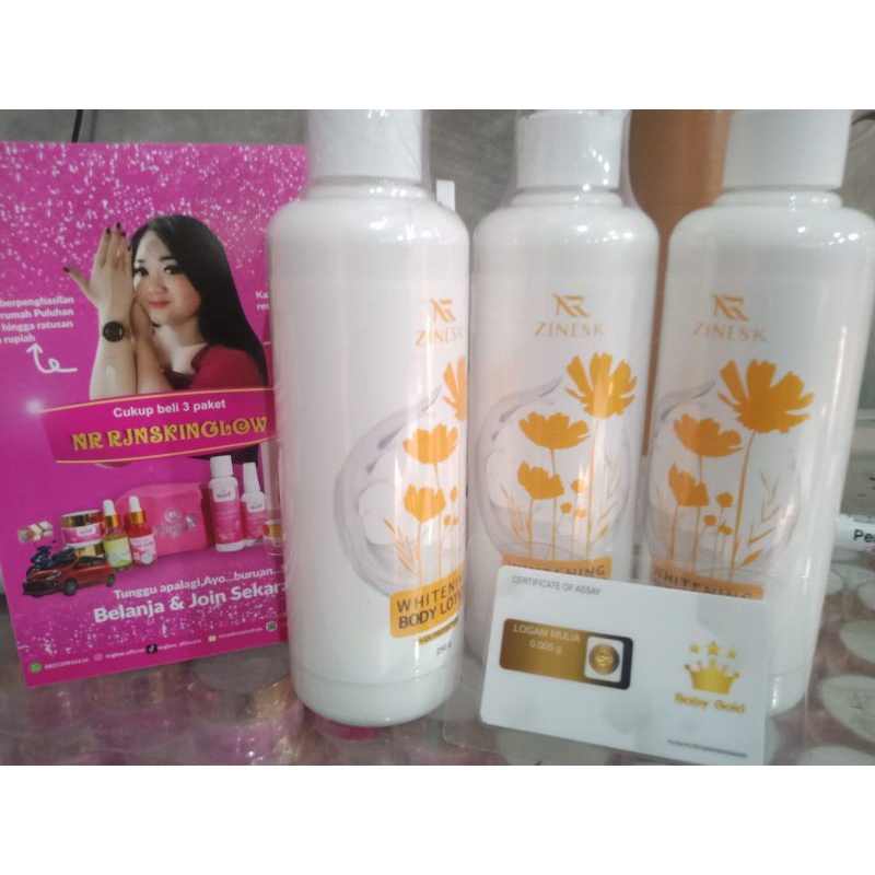(free minigold)paket reseller isi 3 whitening body lotion zinesk by NR rjn skin glow