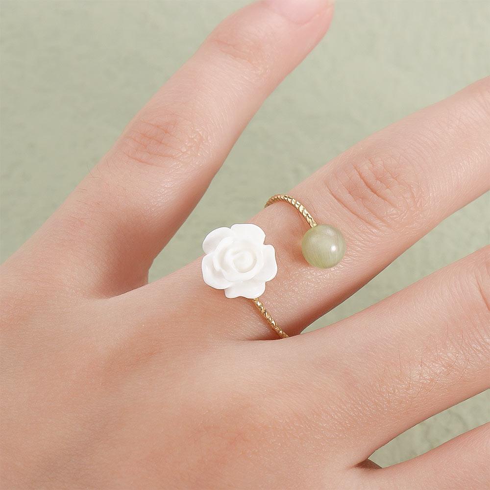 Needway  Hetian Jade Cincin Elegan Perhiasan Emas Bunga Mawar Putih Camelia Wanita Jari Cincin Gaya Cina Cincin