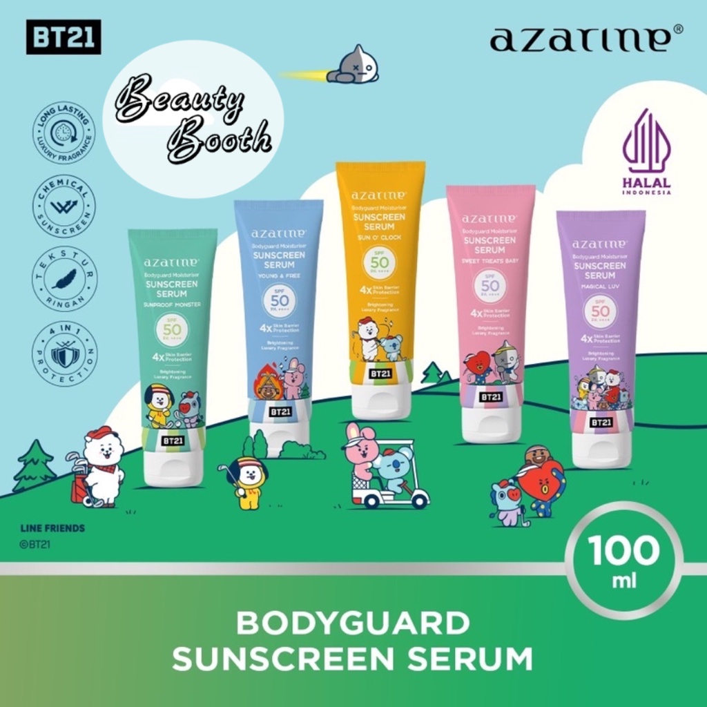 AZARINE Body Guard Moisturizer Sunscreen Serum SPF 50PA ++++ 100ml | Sunscreen BT21 Young &amp; Free | O Clock | Sweet Treats | Magical LuvBaby |