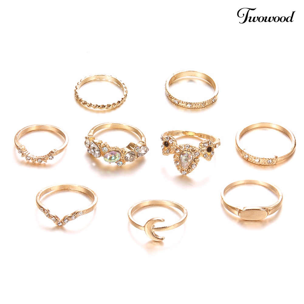 9pcs / Set Cincin Knuckle Midi Desain Mahkota Bulan Aksen Berlian Imitasi Gaya Bohemian Untuk Wanita