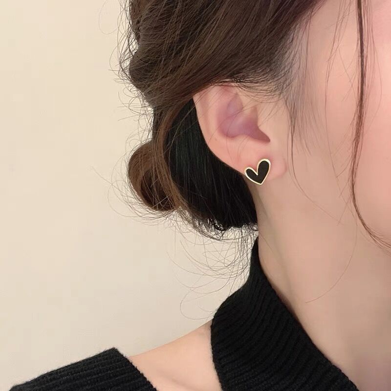 Anting Tusuk Gantung Desain Hati Warna Hitam Gaya Jepangkorea Selatansimple Untuk Wanita