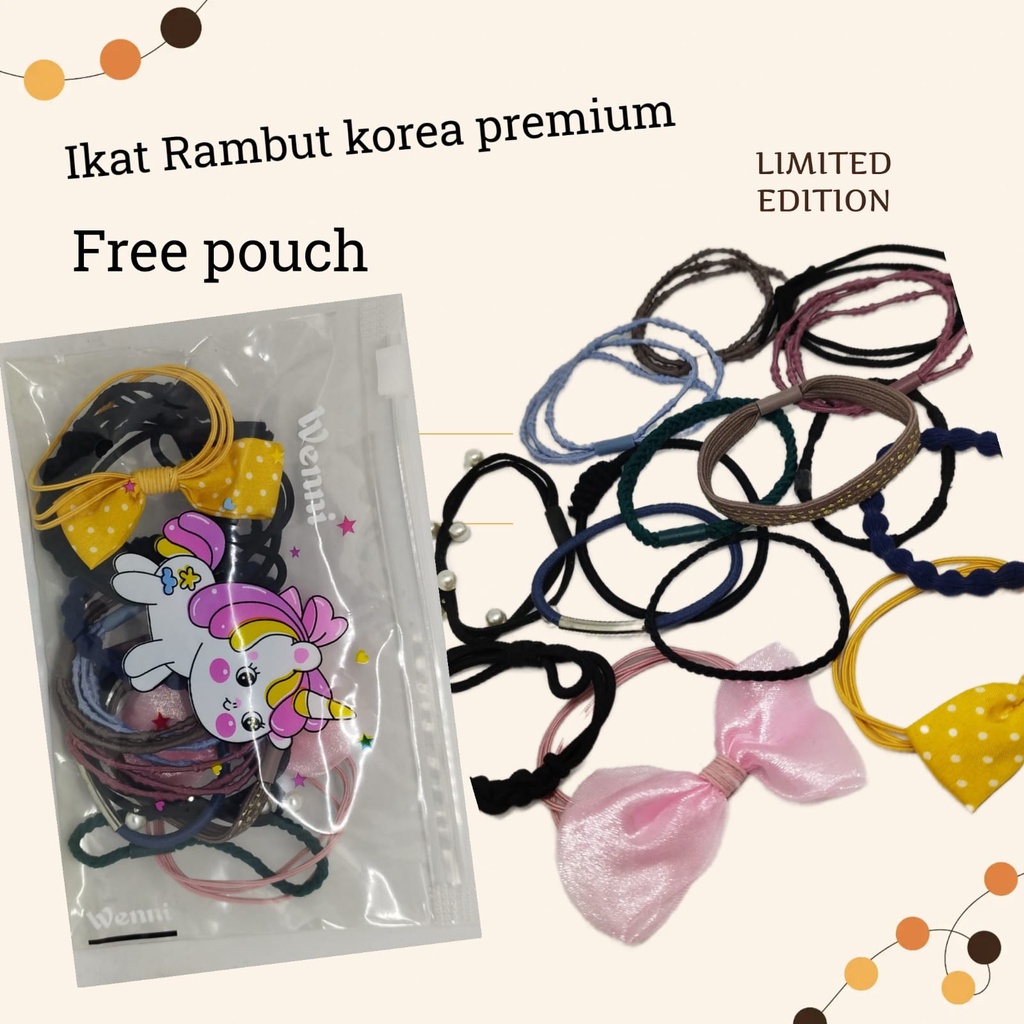 COD 15 pcs ikat rambut korea premium free pouch lucu impor best seller/ikat rambut impor