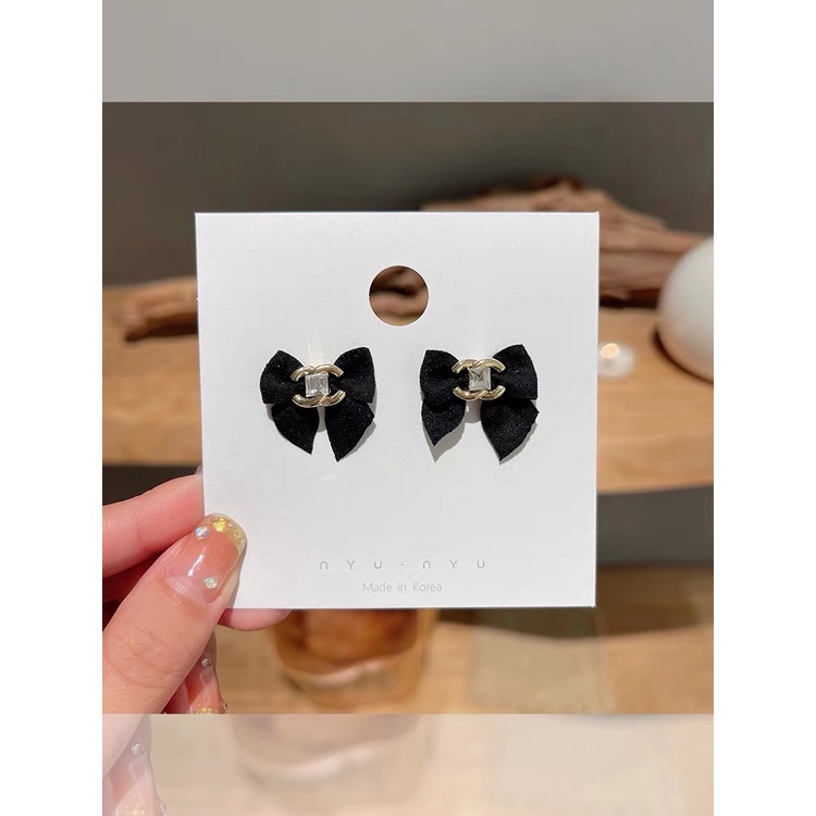 Anting Desain Chanel Pita Hitam Bahan 925 Silver Needle Gaya Retro Perancis Untuk Wanita