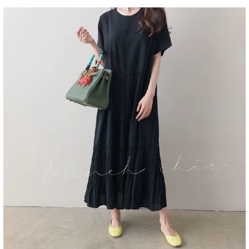 83230 Fashion Baju Maxi dress dres luaran lengan pendek polos plisket mocca hitam biru realpic nyama