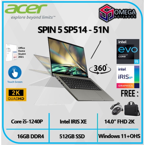 ACER SPIN 5 SP514 Touch EVO I5 1240P 16GB 512SSD IRISXE W11+OHS 14.0&quot; 2K FP PEN - 51N