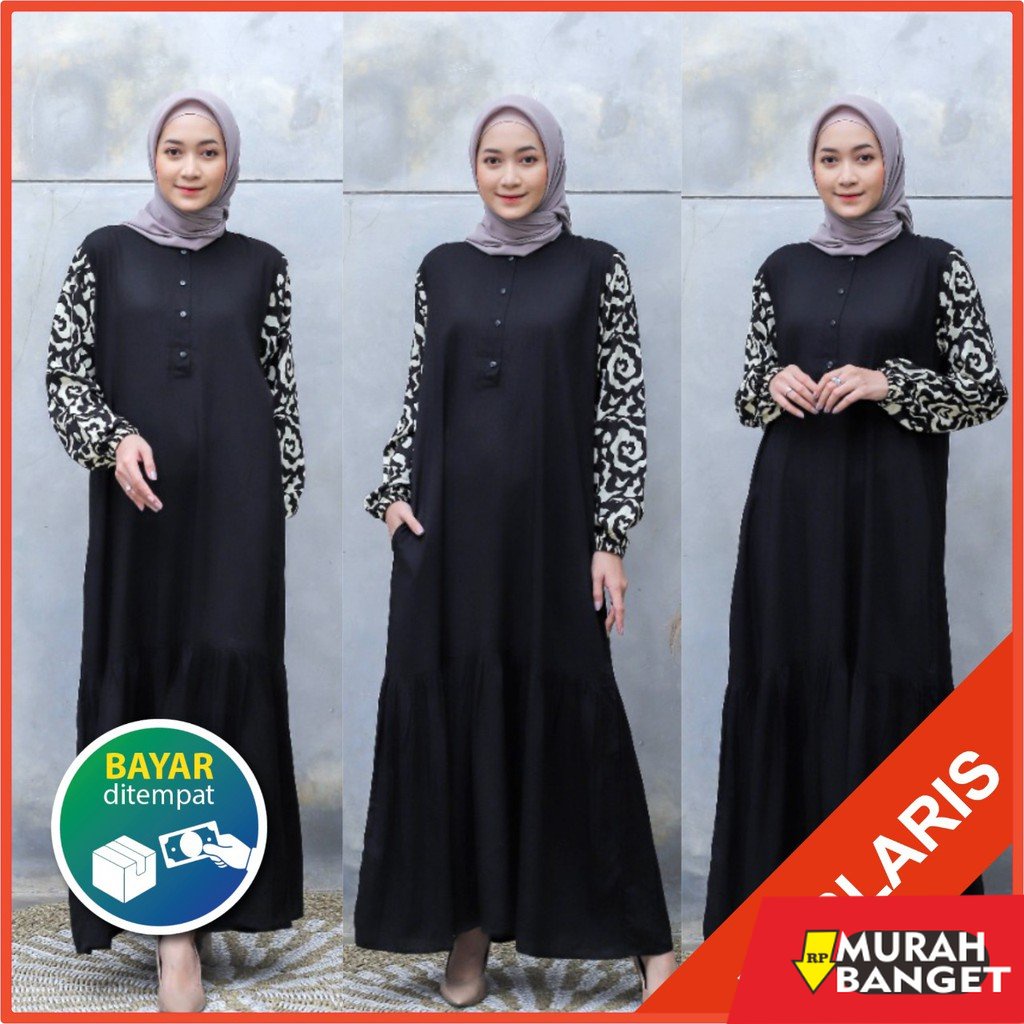 model gamis kombinasi polos terbaru 2022 Gamis Homey Dress Shabrina Black Bahan Katun Rayon Premium 