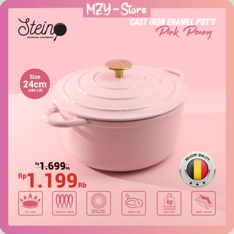 (Free Soup Spatula + Nylon) Stein Cast Iron Enamel Pot Pink Peony Steincookware Panci Pot 24 Cm Enamel Pink Peony