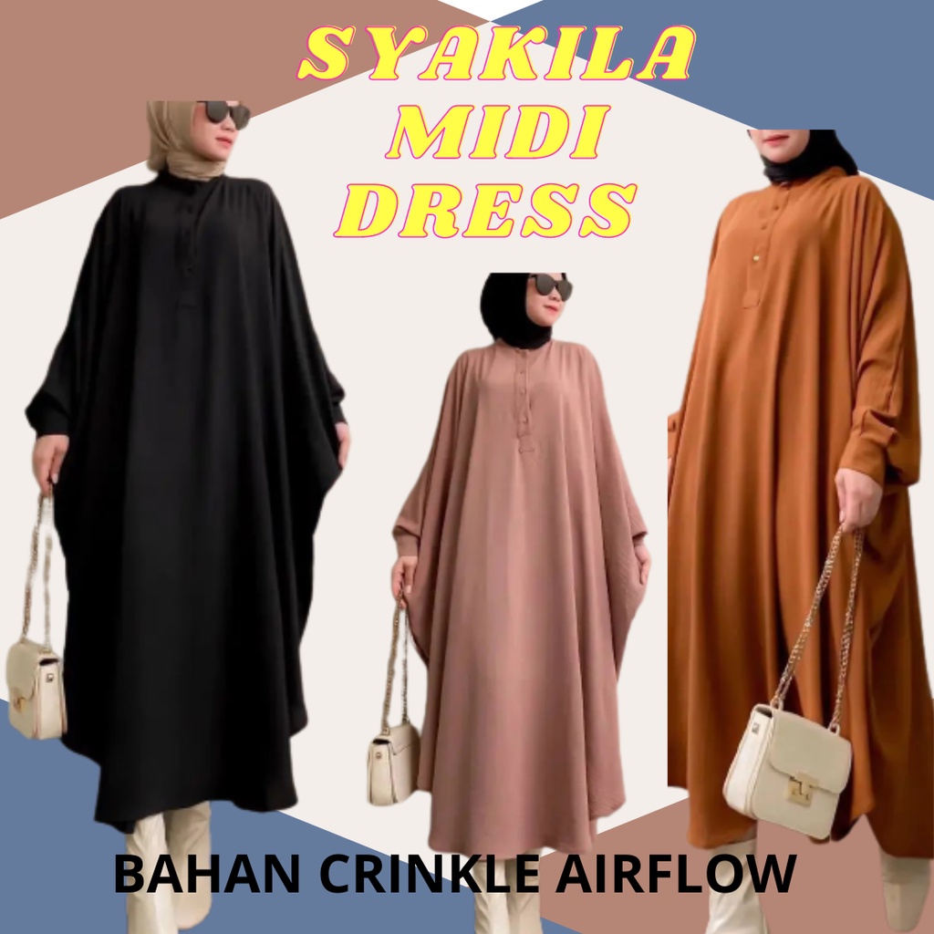 SYAKILA MIDI DRESS MC BAHAN CRINKLE AIRFLOW KANCING DEPAN MOTIF POLOS UKARAN M L XL DAN XXL MIDI DRESS MUSLIM TERBARU GAMIS WANITA JUMBO HITAM DRESS FASHION MUSLIM MEWAH ATASAN MIDI DRESS MUSLIM